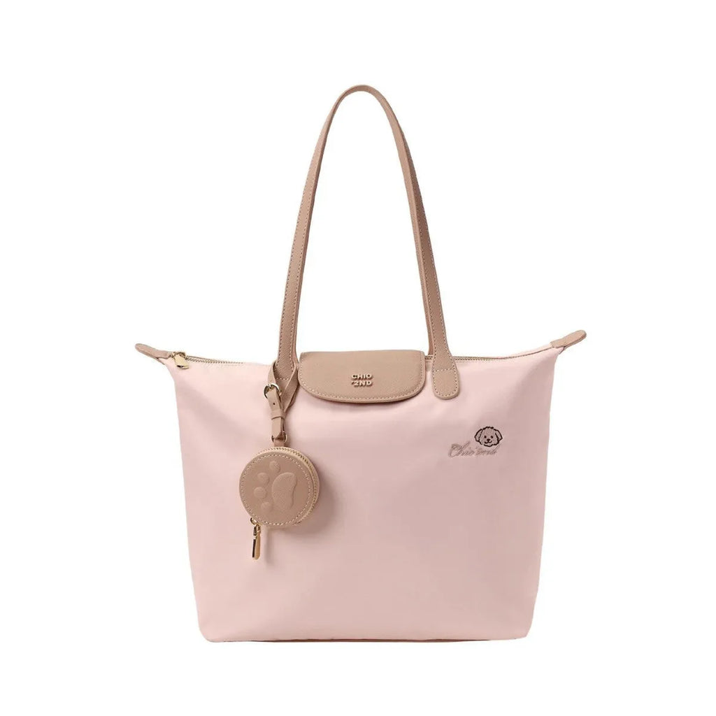 Beige Oxford cloth tote shoulder bag with sandwich pocket and mobile phone compartment