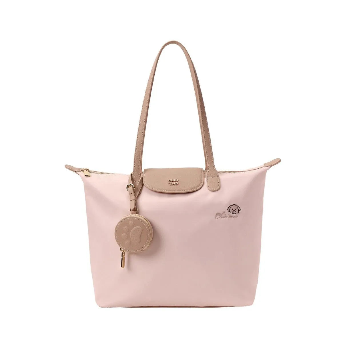 Beige Oxford cloth tote shoulder bag with sandwich pocket and mobile phone compartment
