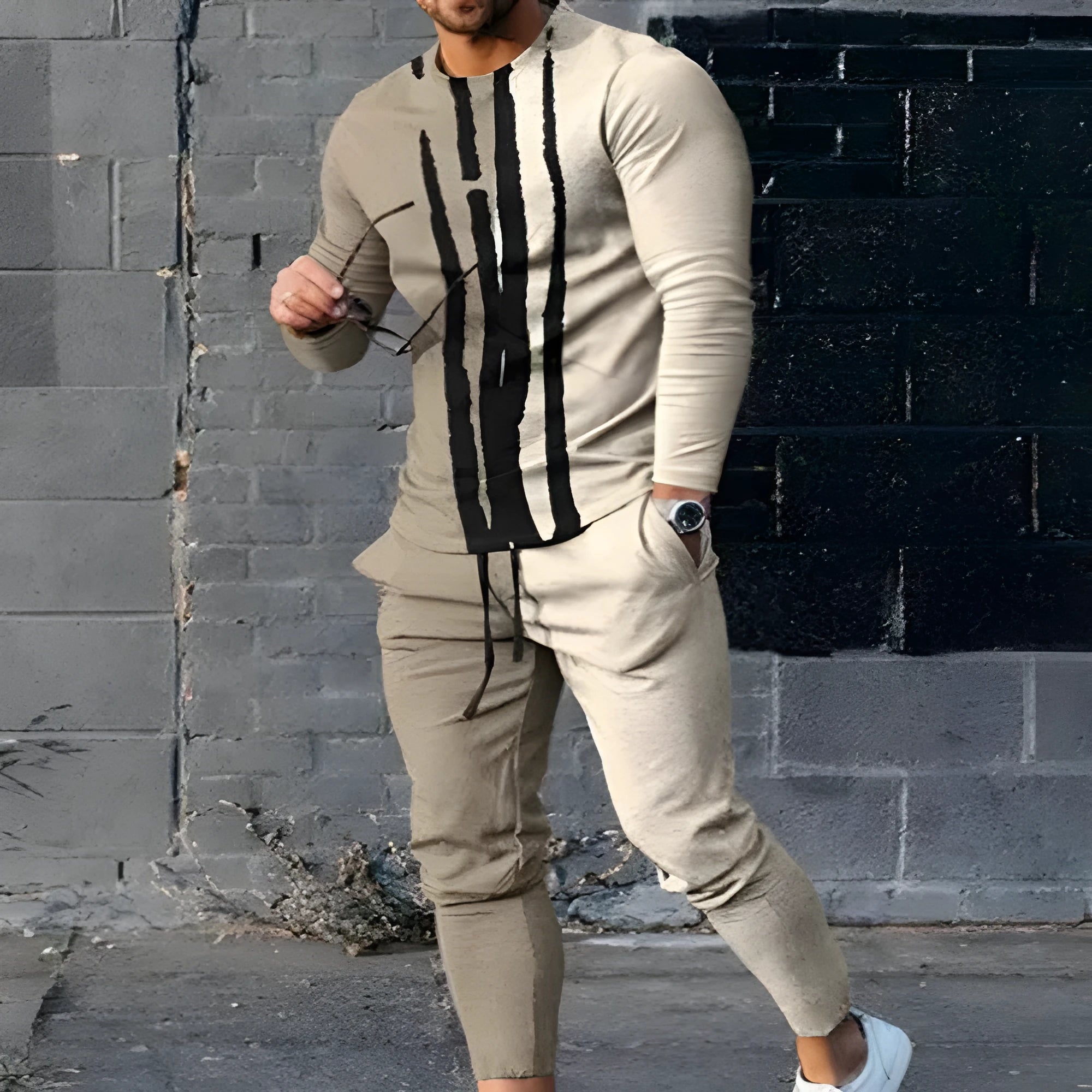 Men's sport suit in monochrome CTTZ-MW1267 with long sleeve top and trousers, slim fit polyester fabric