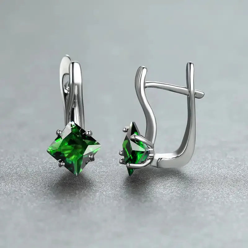 Copper earrings with zircon diamond design in blue, green and colour variations