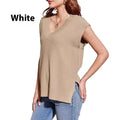 Camel coloured loose fit V-neck sleeveless vest with striped pattern on hanger