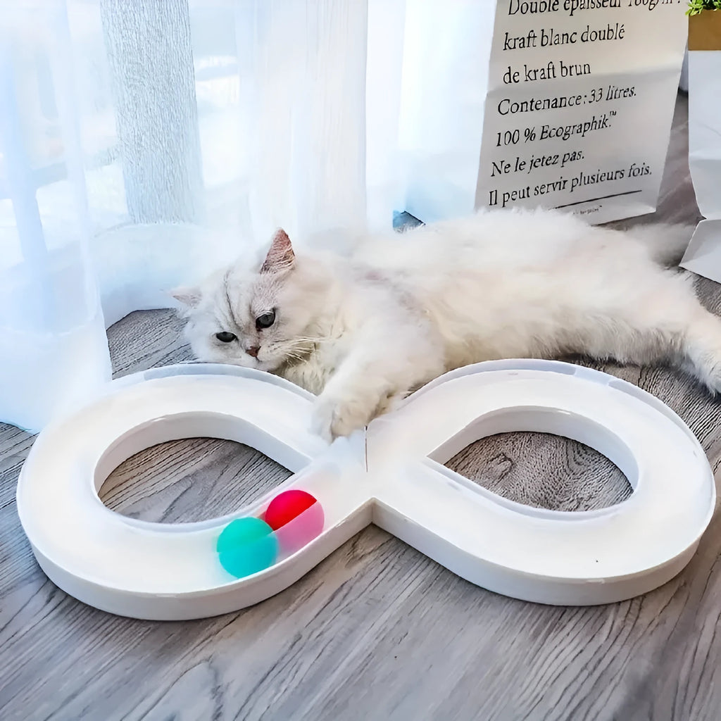 Blue and white cat turntable track toy with self-hi motion system and teasing wand