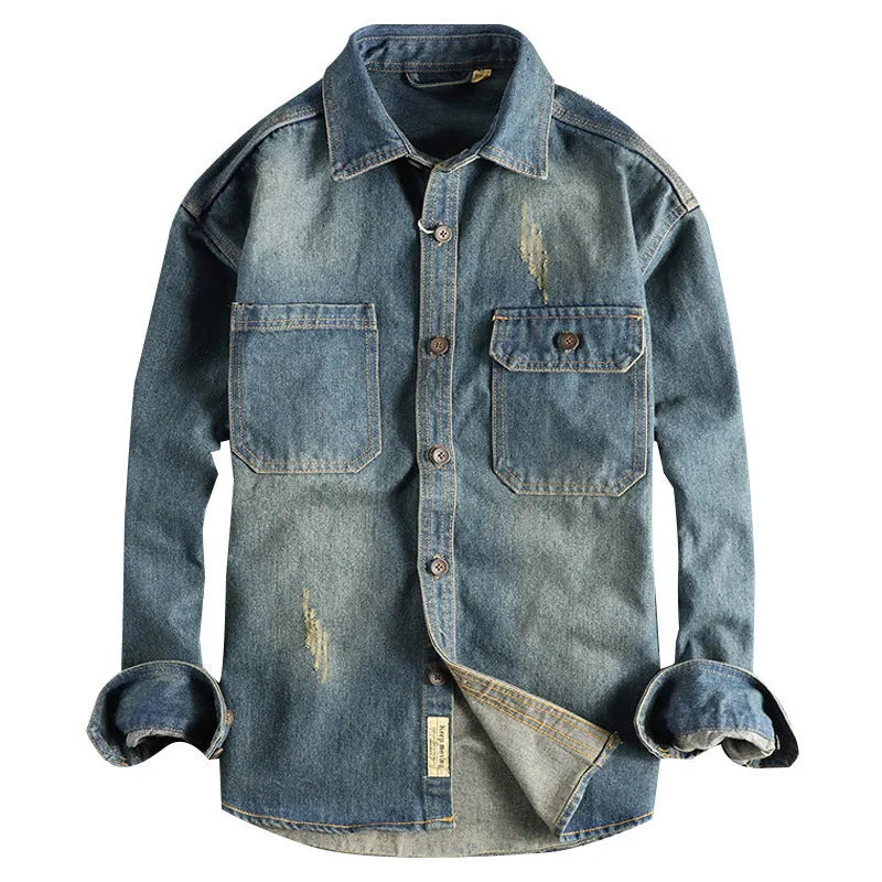 Men's light blue washed vintage denim shirt with long sleeves loose fit