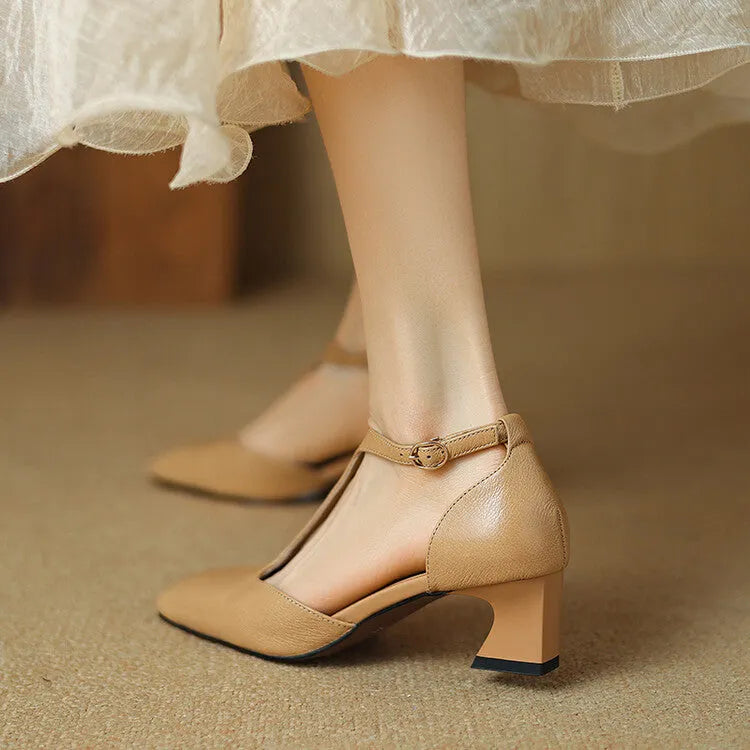 Wine red women's high heels with square toe, chunky heel, buckle fastening, and sheepskin leather upper.