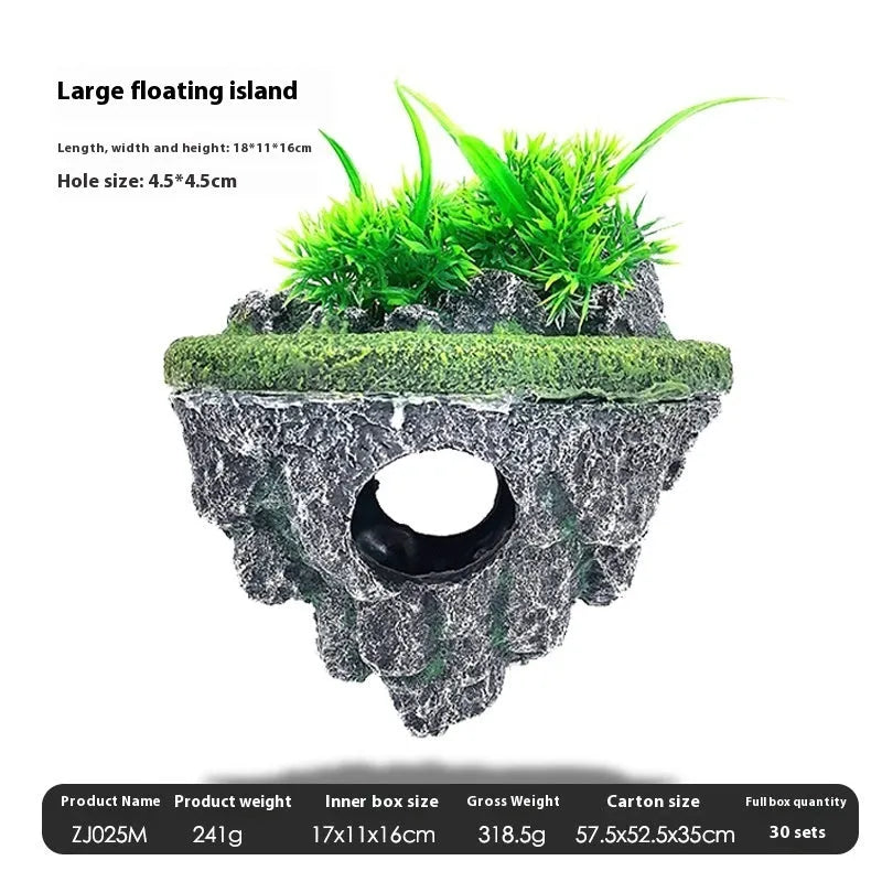 Medium resin fish tank landscaping suspended stone floating ornament with self-floating island option