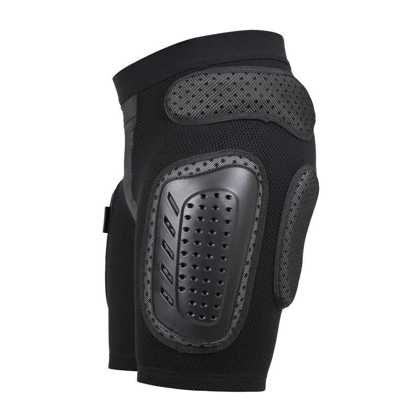 Black cycling hip protection pants with adjustable waistband and side-release buckle.