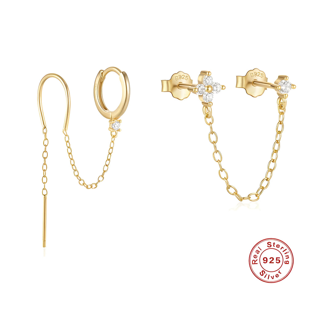 S925 sterling silver diamond flower tassel chain ear clip stud earrings with geometric design