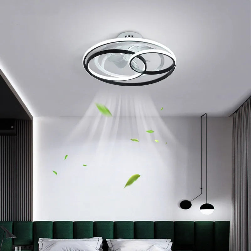 48cm overhead ceiling fan light with integrated lamp in black or gold finish, showing metal blades and acrylic lampshade.