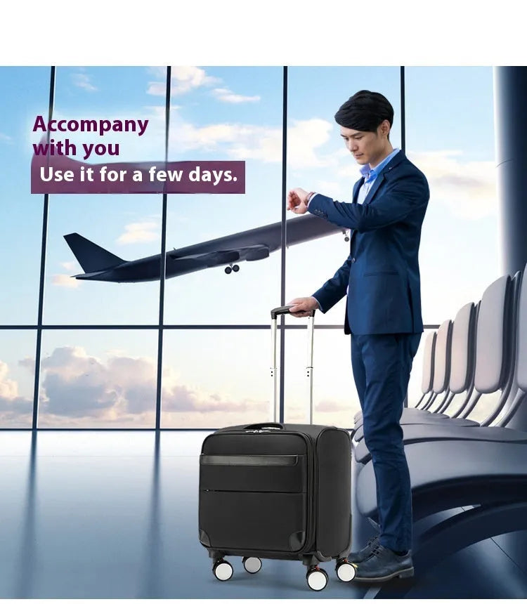 Black 18-inch Oxford cloth carry-on suitcase with a retractable handle and universal wheels.