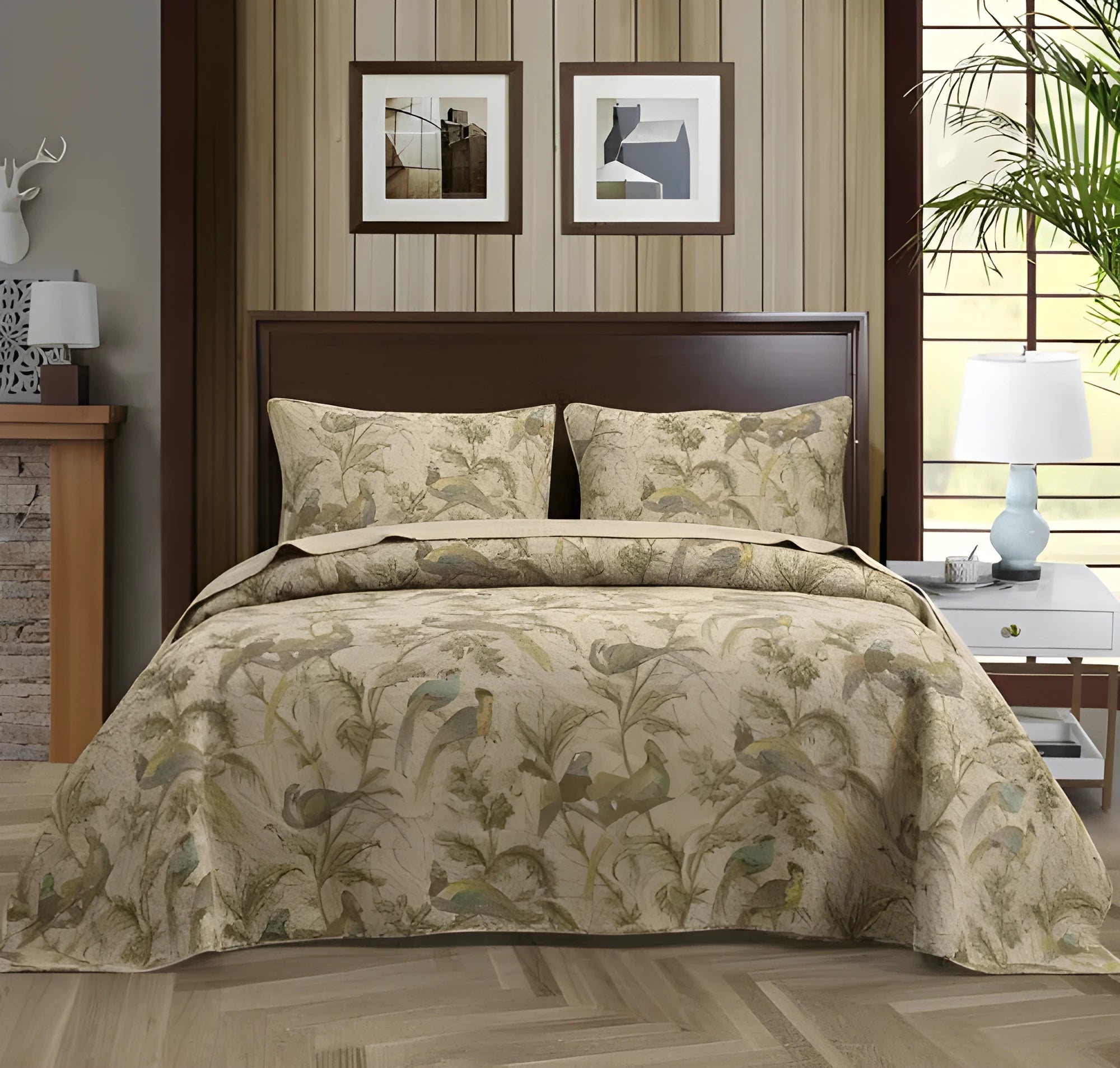 Blue American floral cotton bedspread quilt set with botanical pattern measuring 230x250 cm