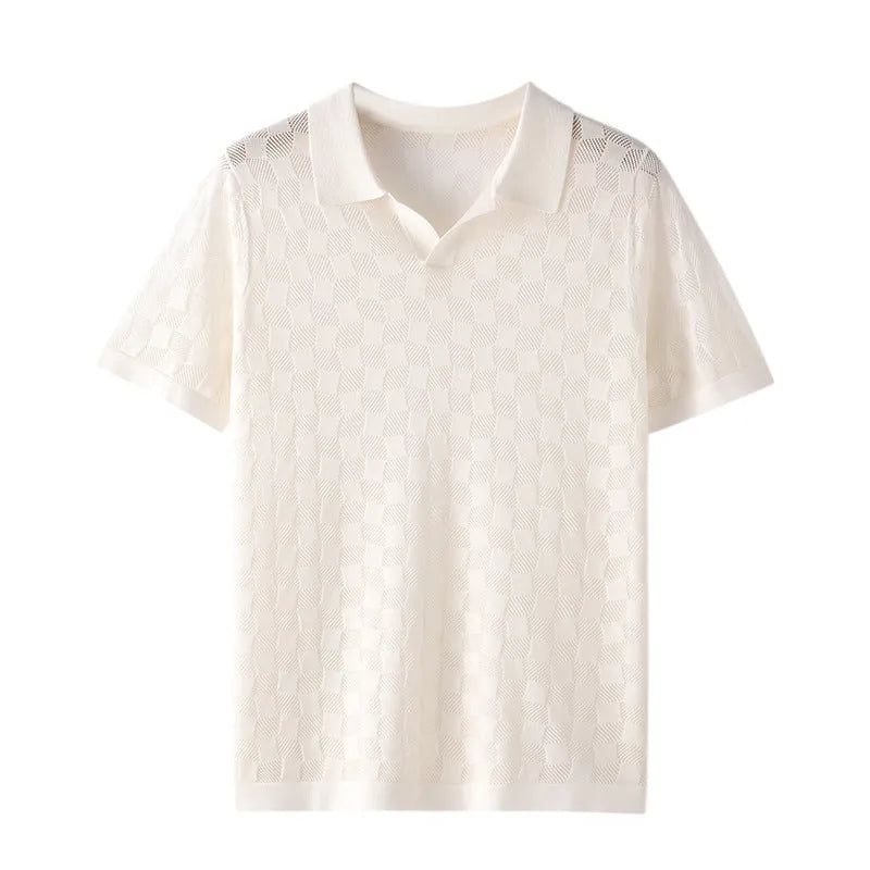 Men's short sleeve lapel sweater in mulberry silk jacquard knit for business casual office wear