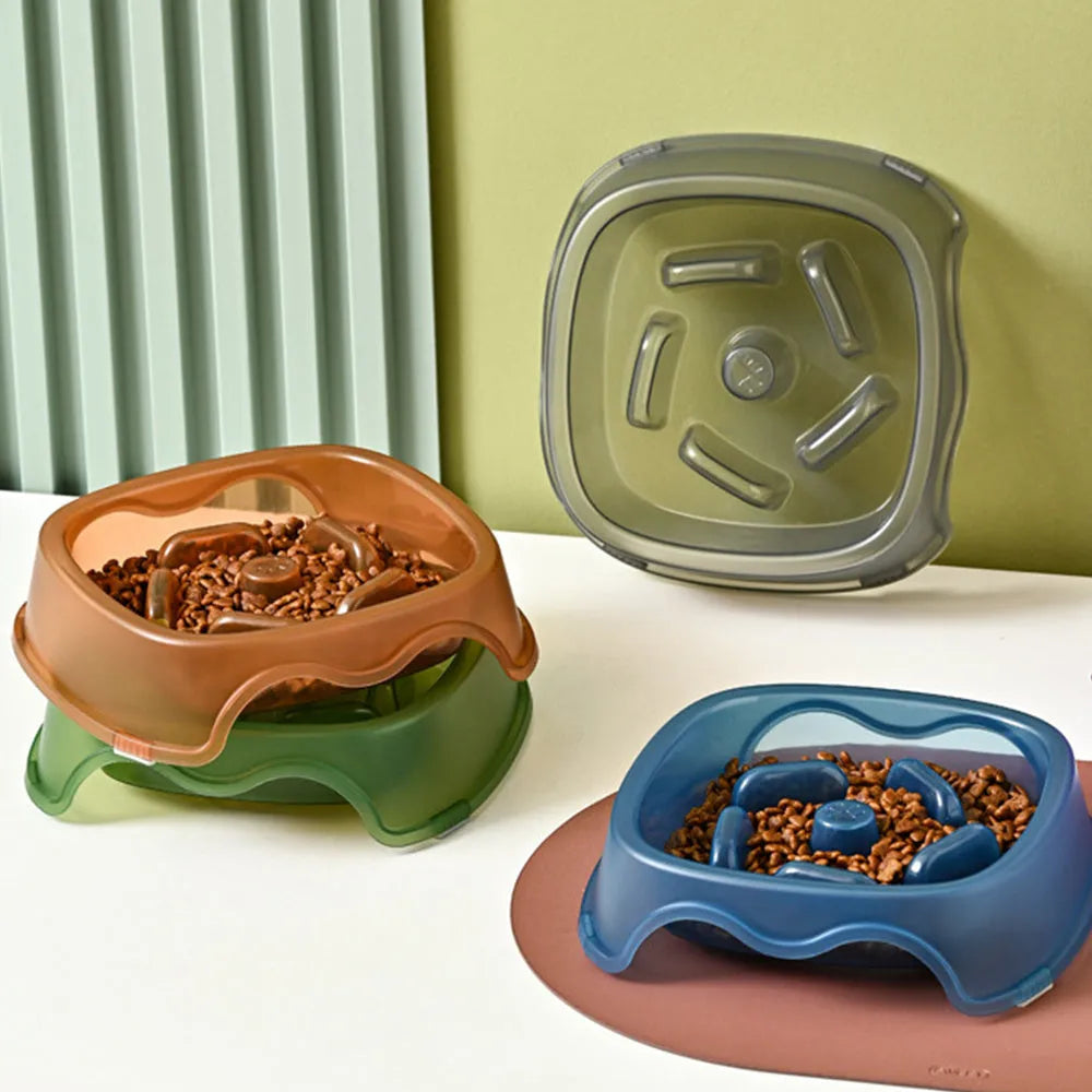 Plastic dog slow feeding bowl with anti-choking design in blue, grey, green, and orange colour options