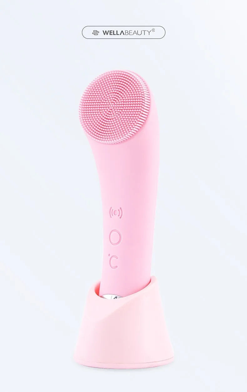 Pink electric silicone face cleansing brush with vibration and heating functions, USB rechargeable