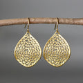 Gold-coloured retro leaf hollow pendant drop earrings with pierced wire fastening
