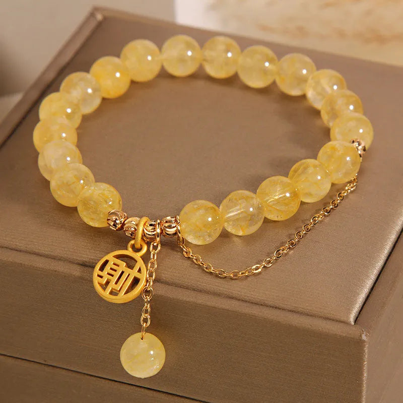 Natural citrine bracelet with Chinese character tassels in electroplated mixed materials