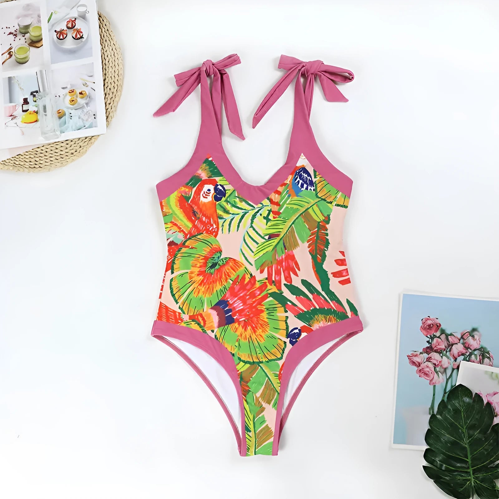 Women's pink floral print retro one-piece swimsuit with V-neck, covered belly and thin skirt