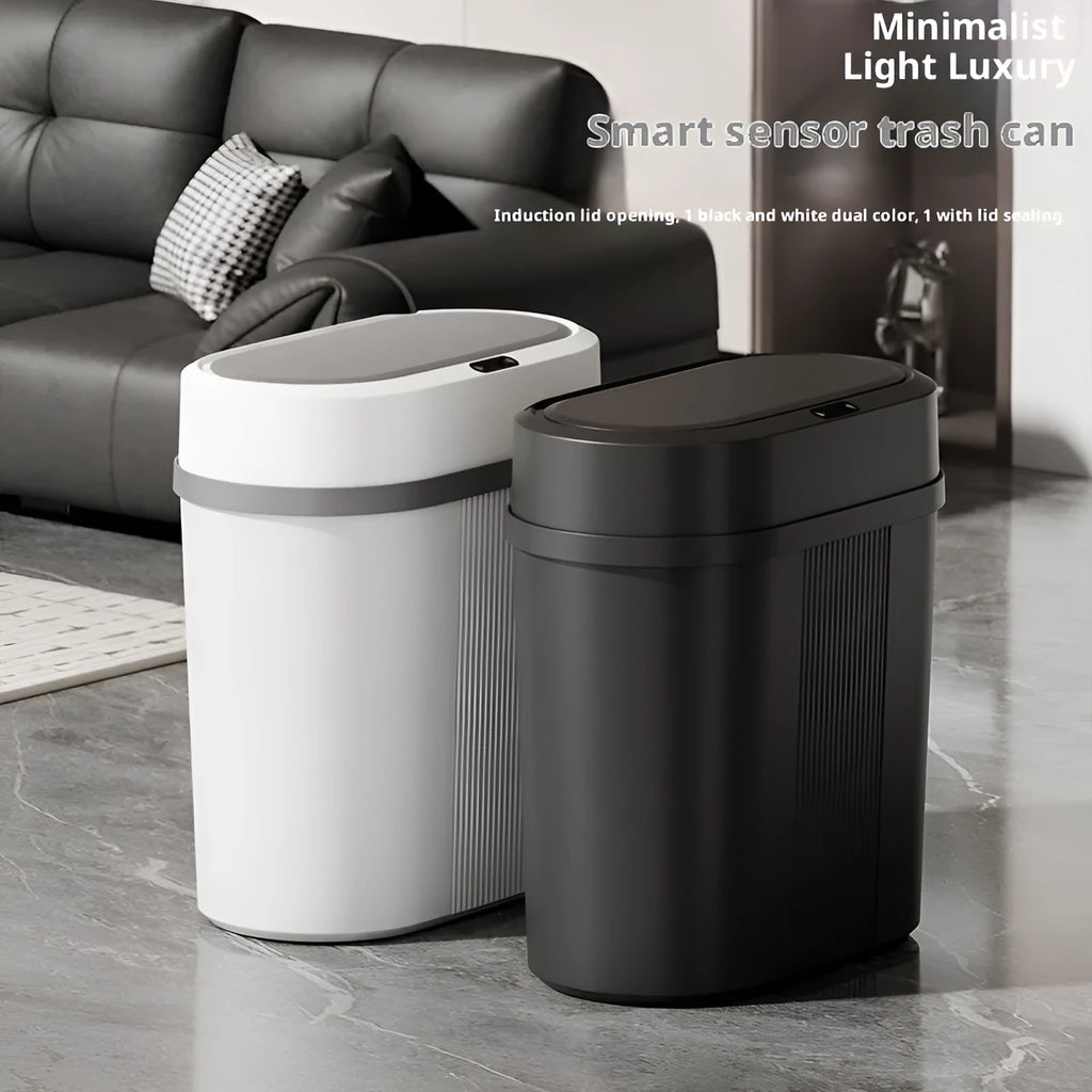 Square PP smart trash can with sealed waterproof lid, black battery type, on kitchen floor