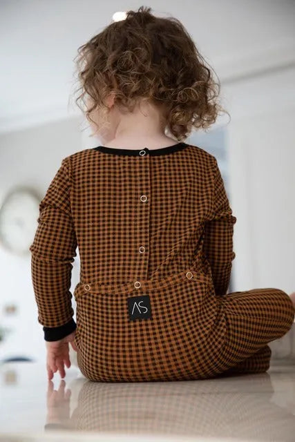 Kids gingham robe and pajamas romper set in black and tan polyester for children