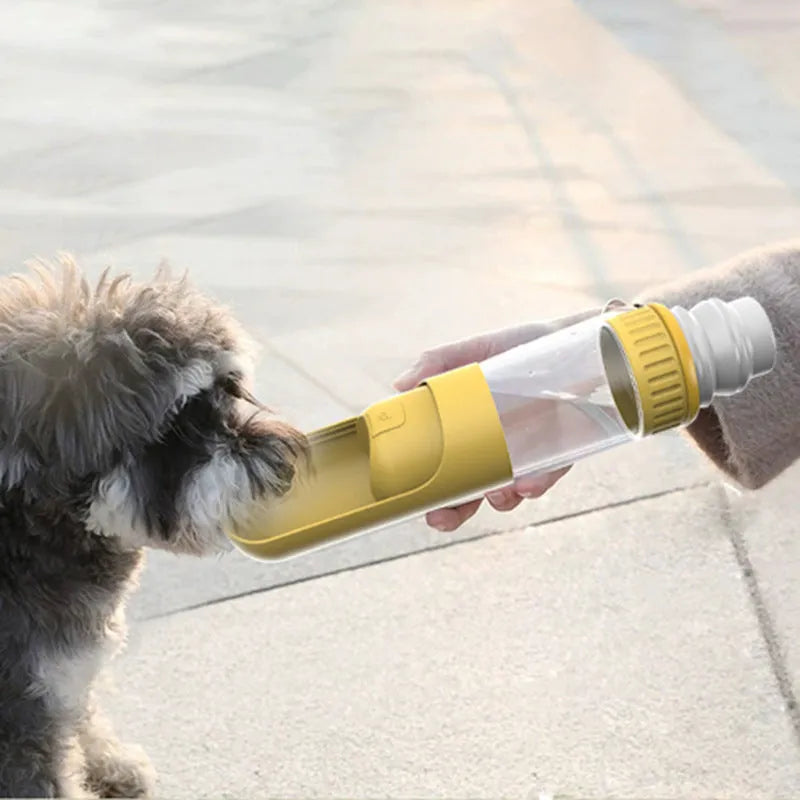 Portable dog water bottle with built-in bowl in dark blue colour showing leak-proof lock