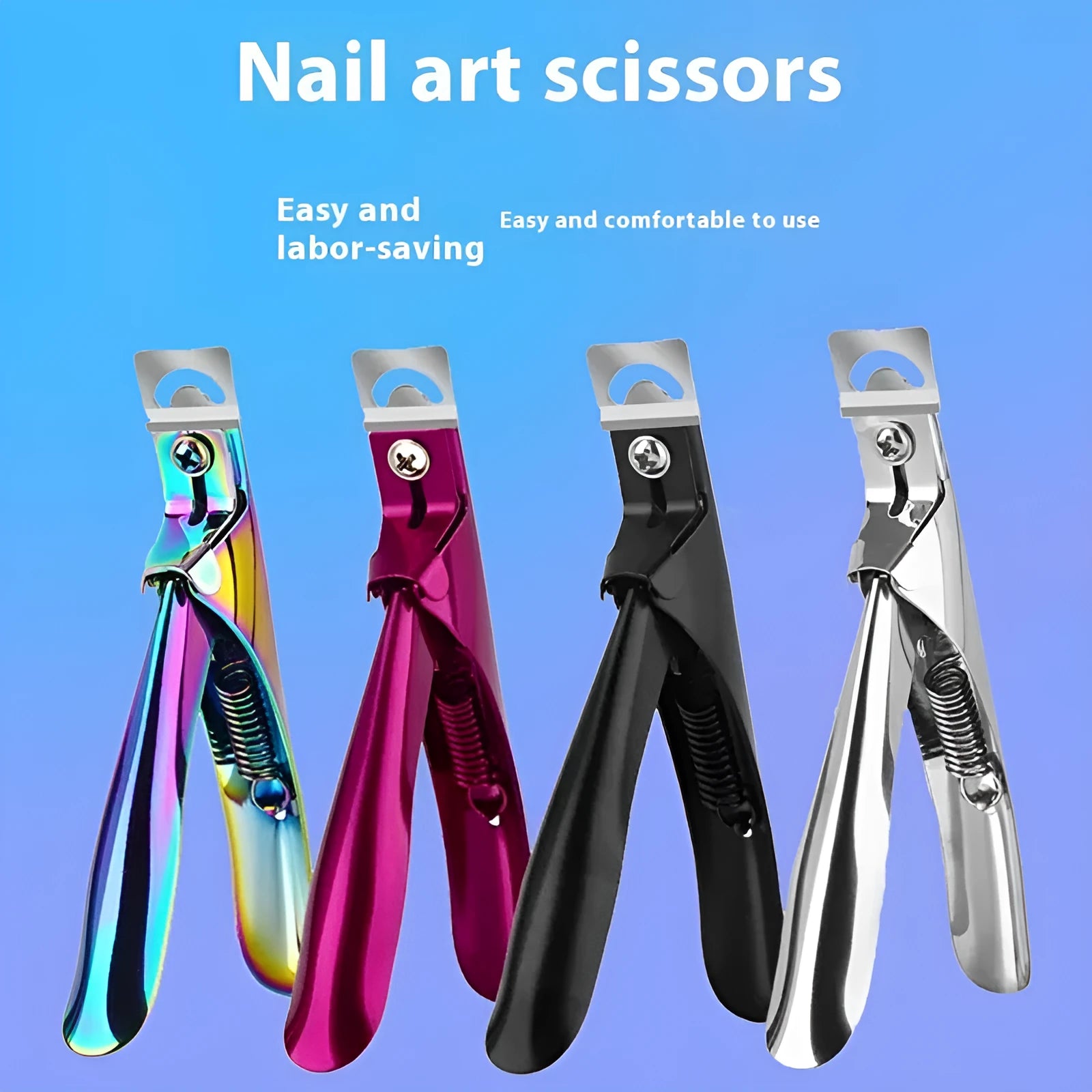 French U-shaped nail scissors in stainless steel with three finish options: black, titanium, and silver.