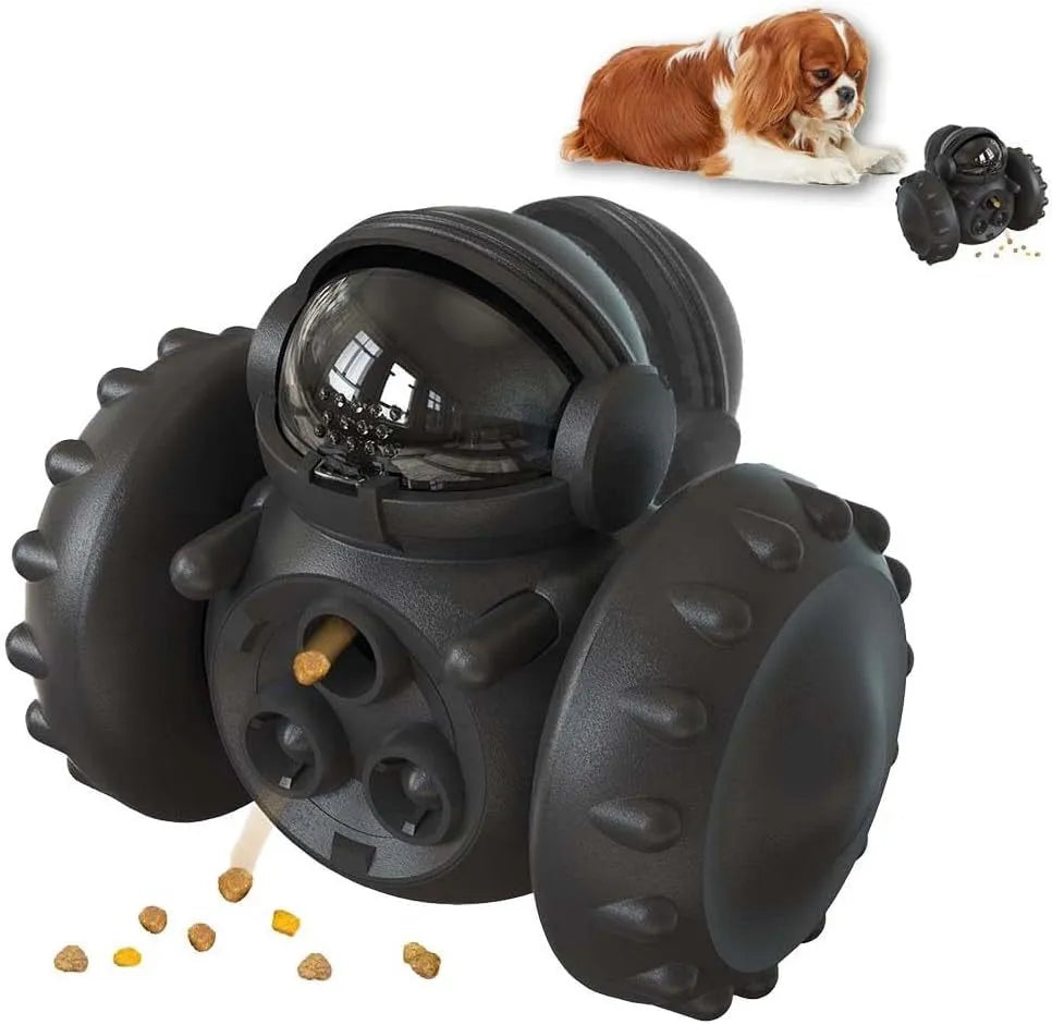 Robot design pet food dispenser toy for small dogs and cats showing self-balancing tumbler mechanism