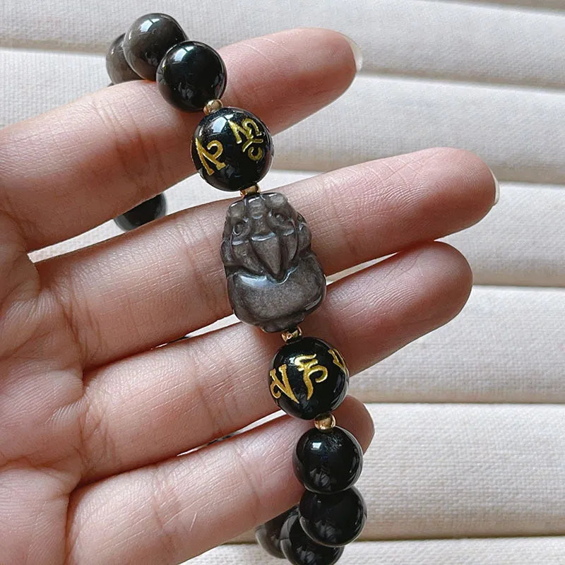 Men's Silver Stone bracelet with zodiac symbols and proverb beading in Chinese style design