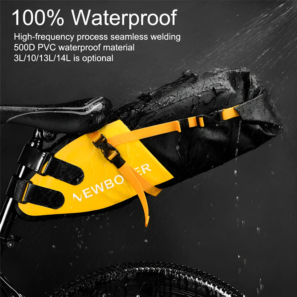 Waterproof PVC bicycle tail bag in yellow showing 13L capacity and mounting straps