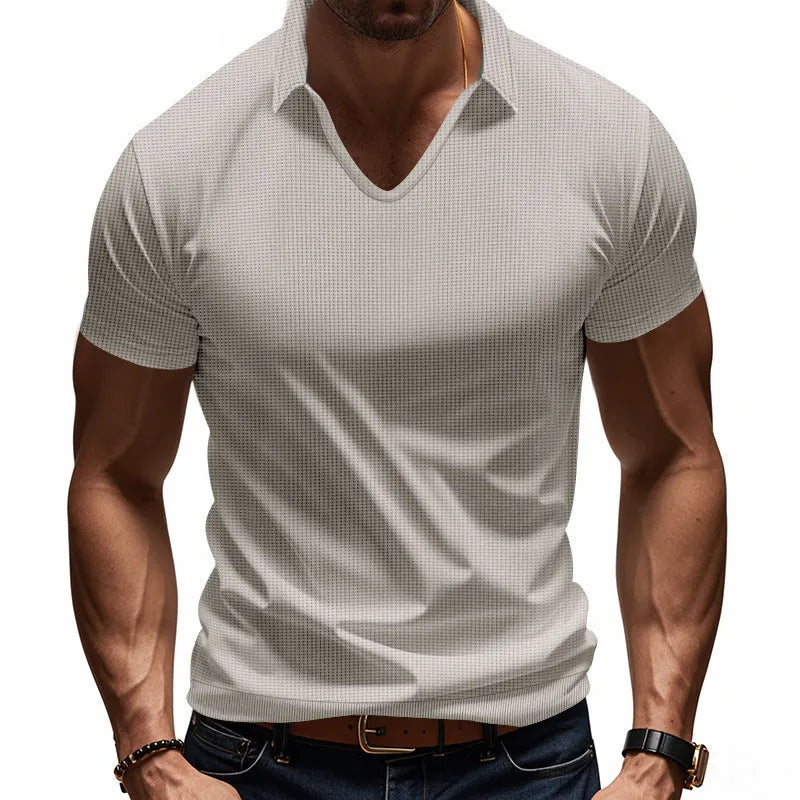 Men's light grey V-neck loose-fit short sleeve t-shirt on a hanger