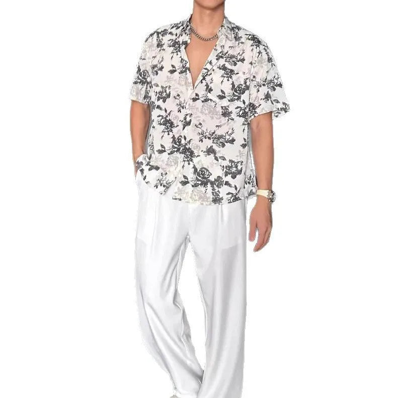 Printed floral short sleeve shirt in loose casual pendant style available in white and black colours