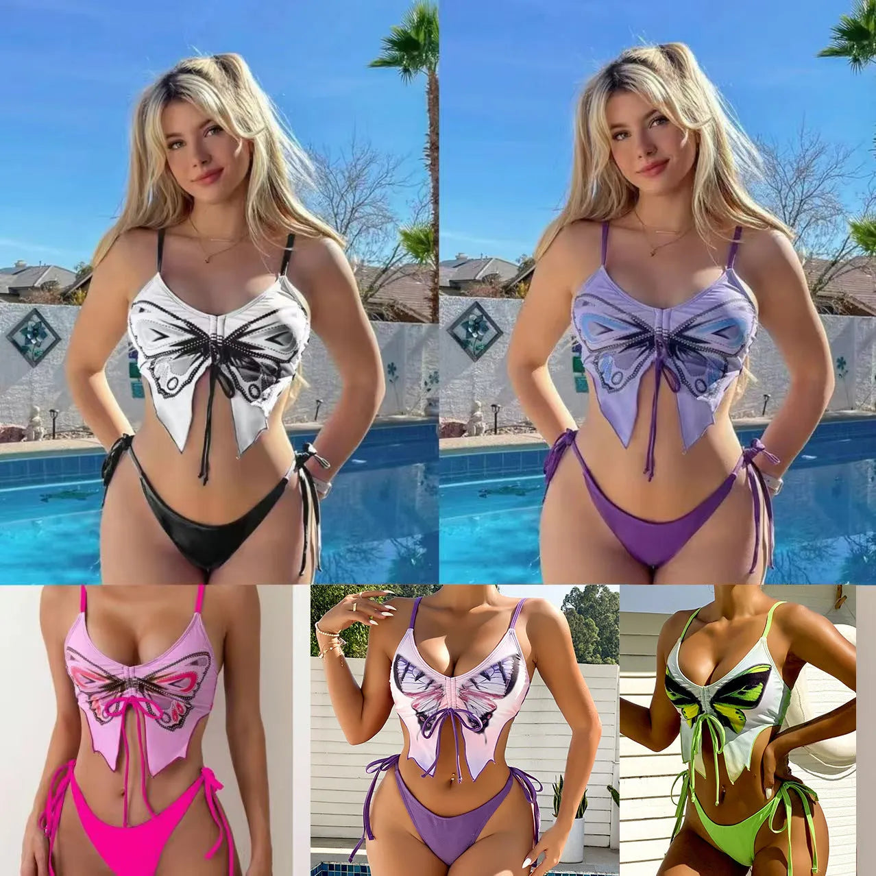 Women's purple bikini swimsuit with bow detail and split-style briefs on a mannequin.