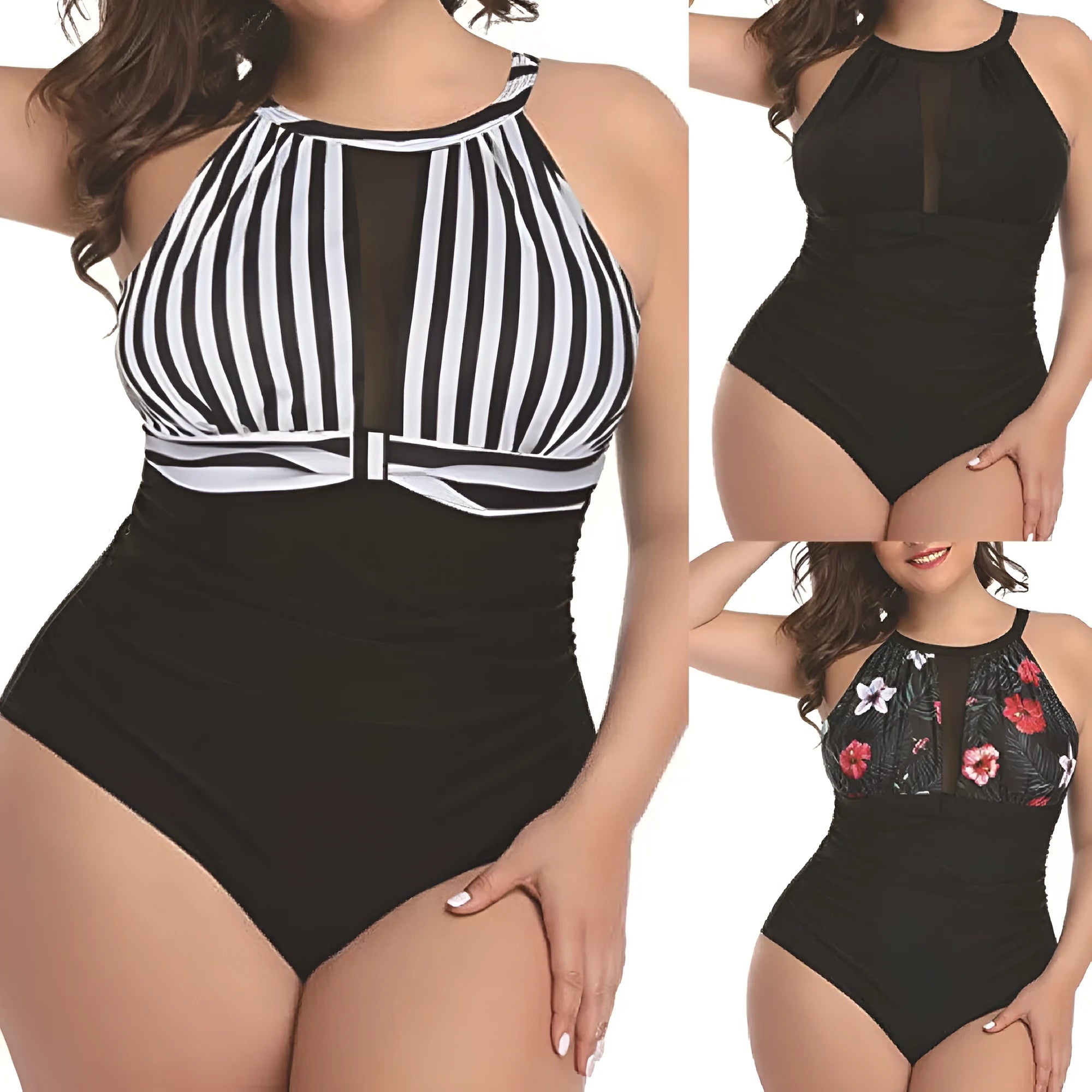 Women's black one-piece swimsuit with lace trim on a mannequin.