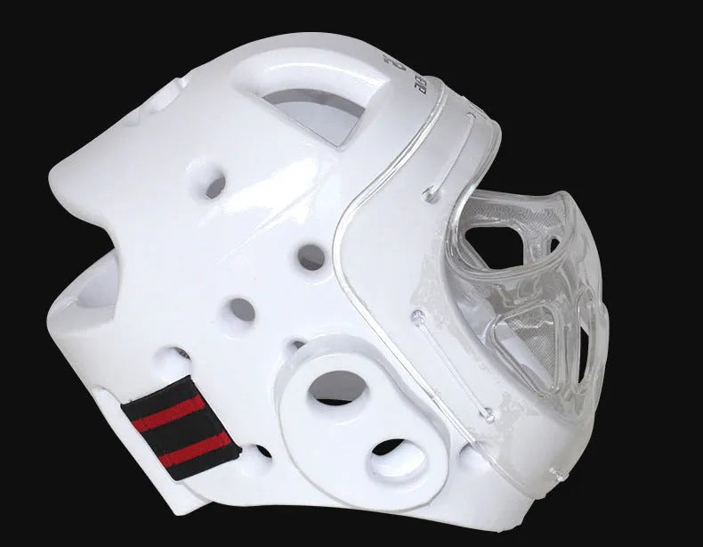 Karate boxing helmet protective equipment in white, blue and red colours showing head coverage design