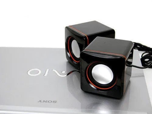 Black 2.0 small square desktop speaker with USB power cable for computers