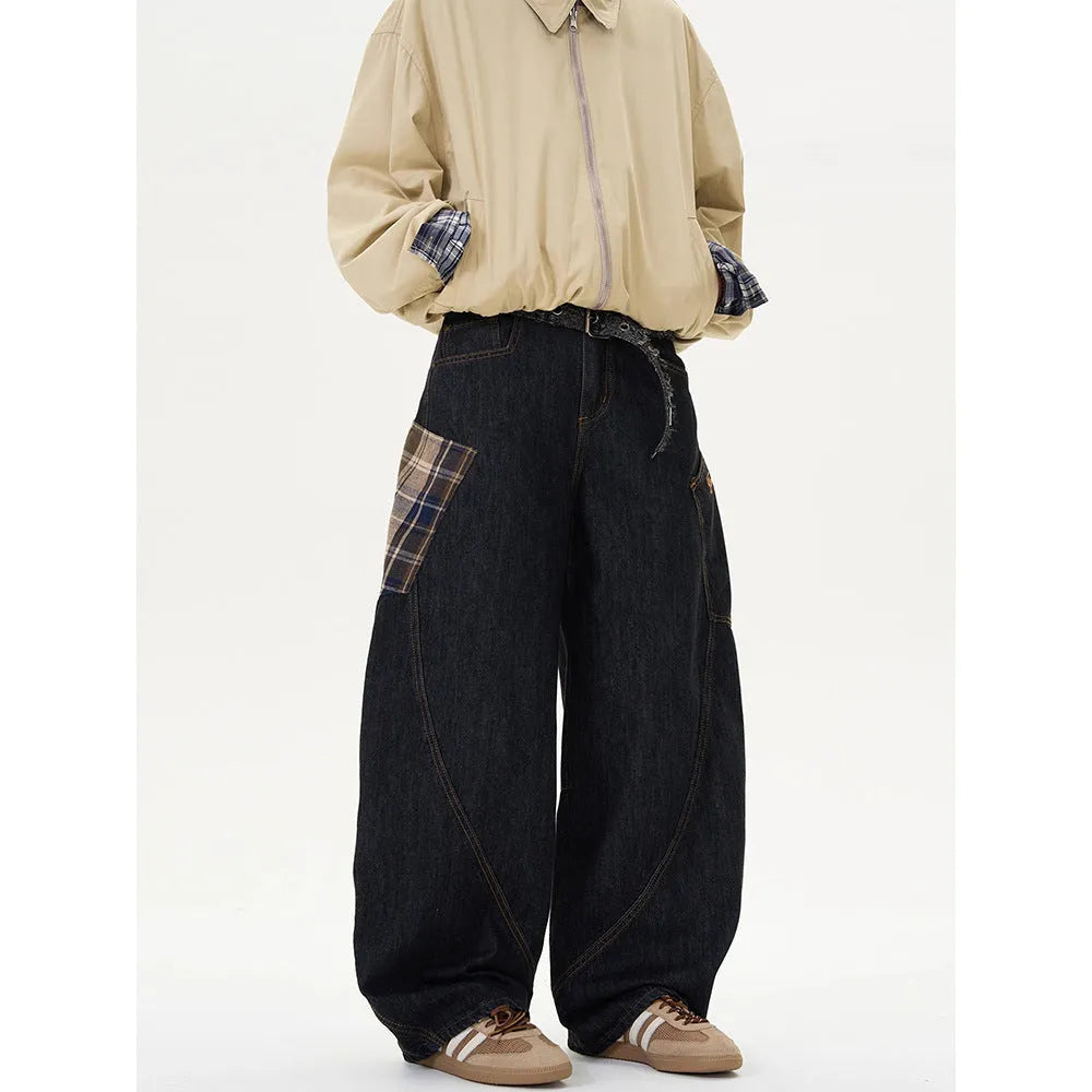 Loose retro casual pants in coffee plaid with mid-waist straight-leg fit, cotton blend material