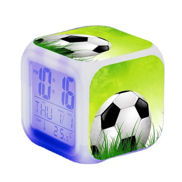 Football pattern digital alarm clock with cartoon design and mute alarm function