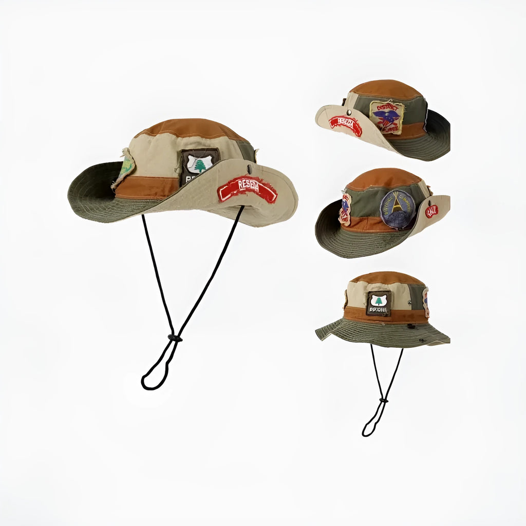 Army green cotton foldable fisherman hat with hand-painted patchwork and flat top crown