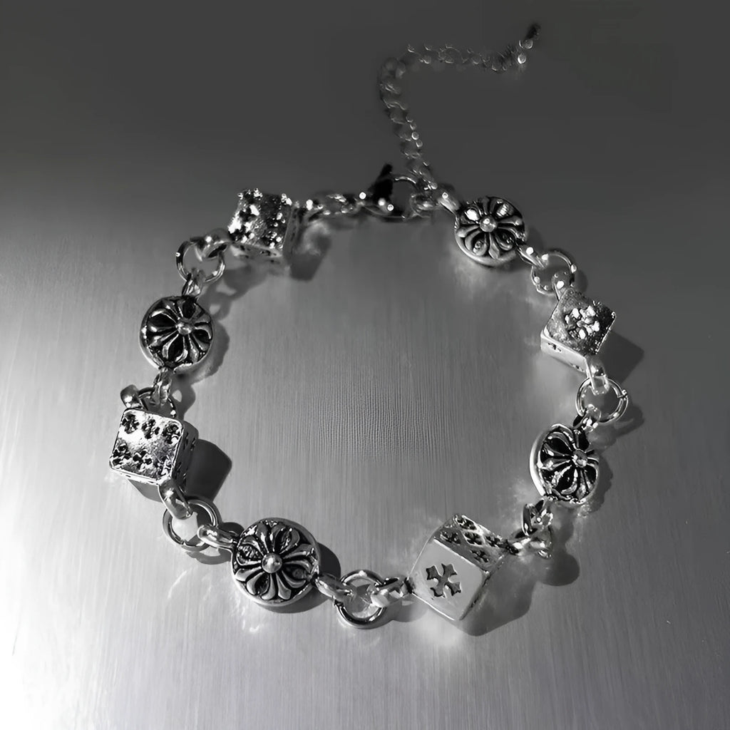 Silver titanium steel dice bracelet 20cm unisex retro electroplated chain bracelet with cross and diamond elements