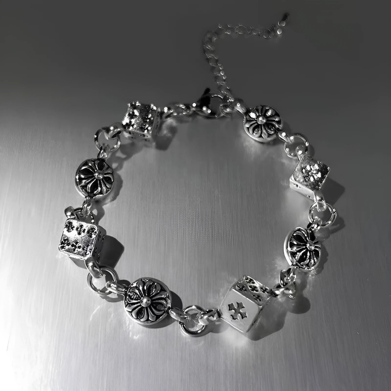 Silver titanium steel dice bracelet 20cm unisex retro electroplated chain bracelet with cross and diamond elements