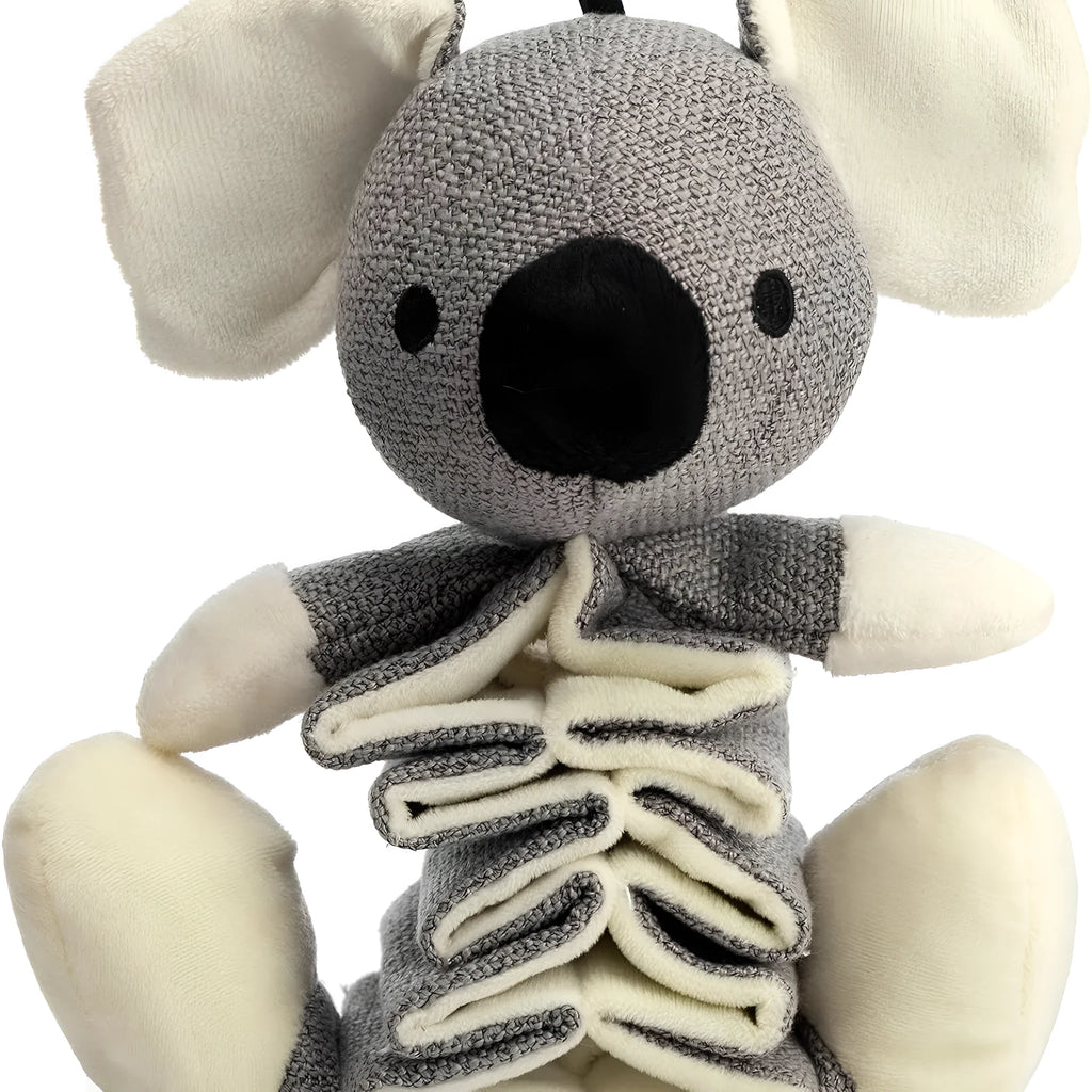 Grey koala-shaped dog chew toy measuring 30cm with plush limbs and crinkle paper inside.