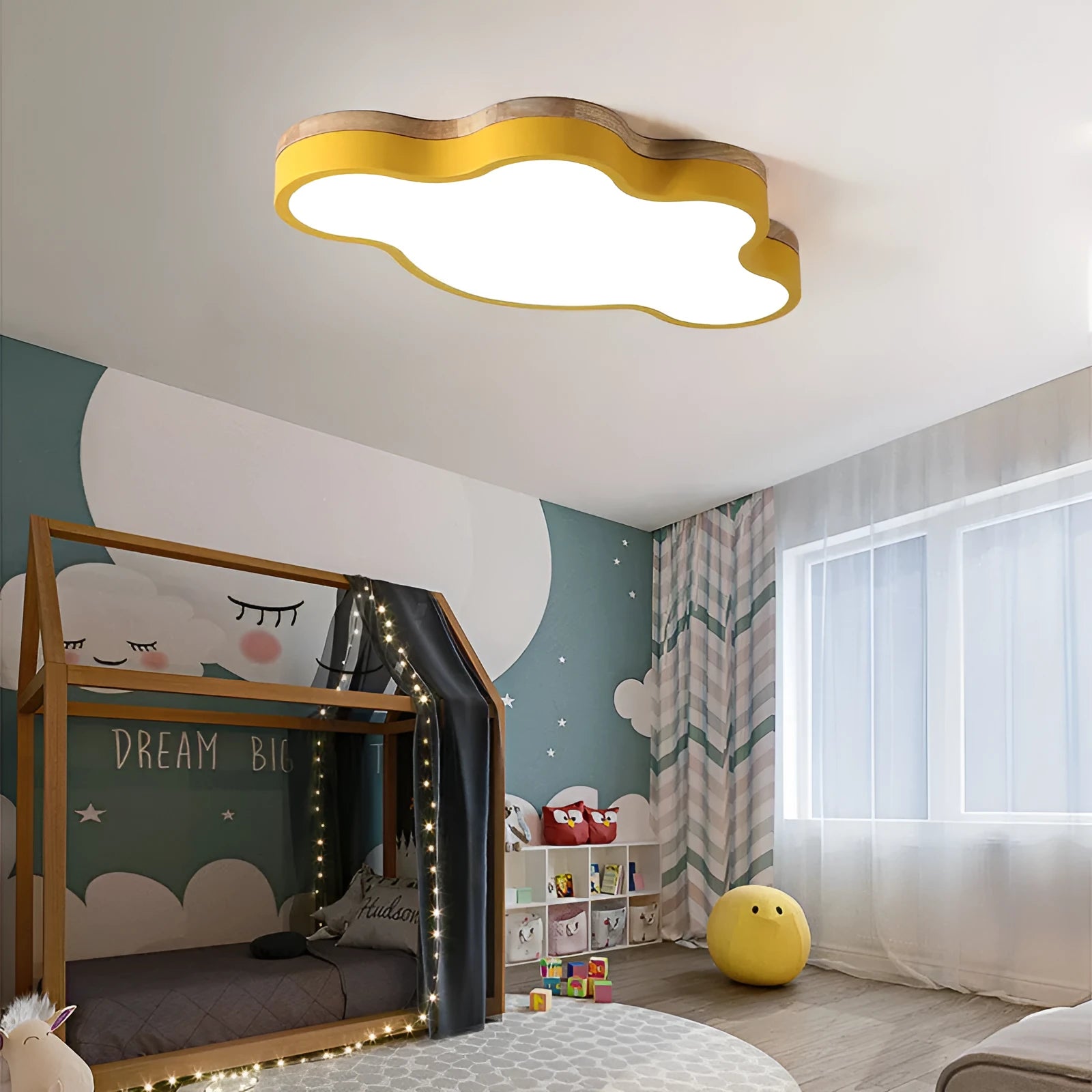 Cloud shaped wooden frame LED ceiling lamp showing four colour options and two size configurations
