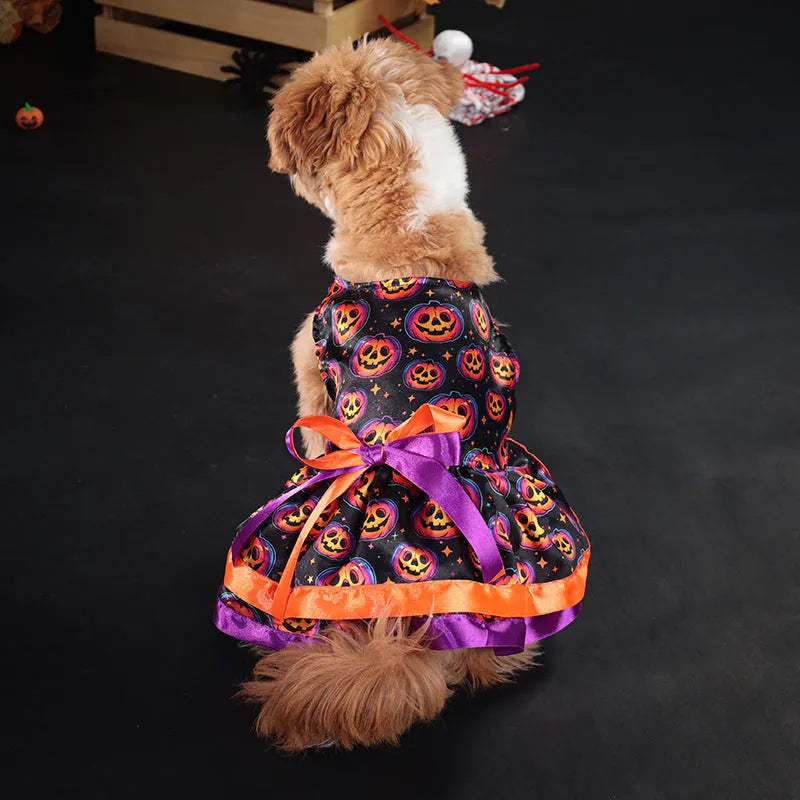 Colourful pumpkin print double-layer dog skirt with elastic waistband for Halloween