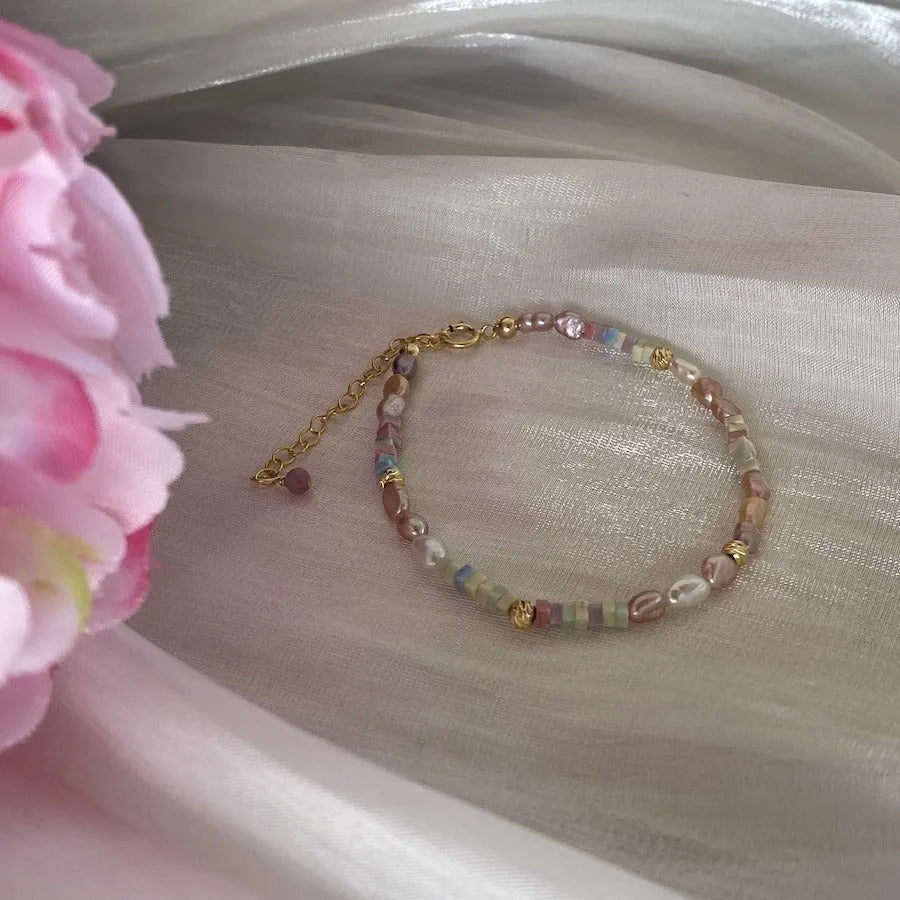 Purple and silver natural pearl bracelet and necklace set with 14K gilded finish