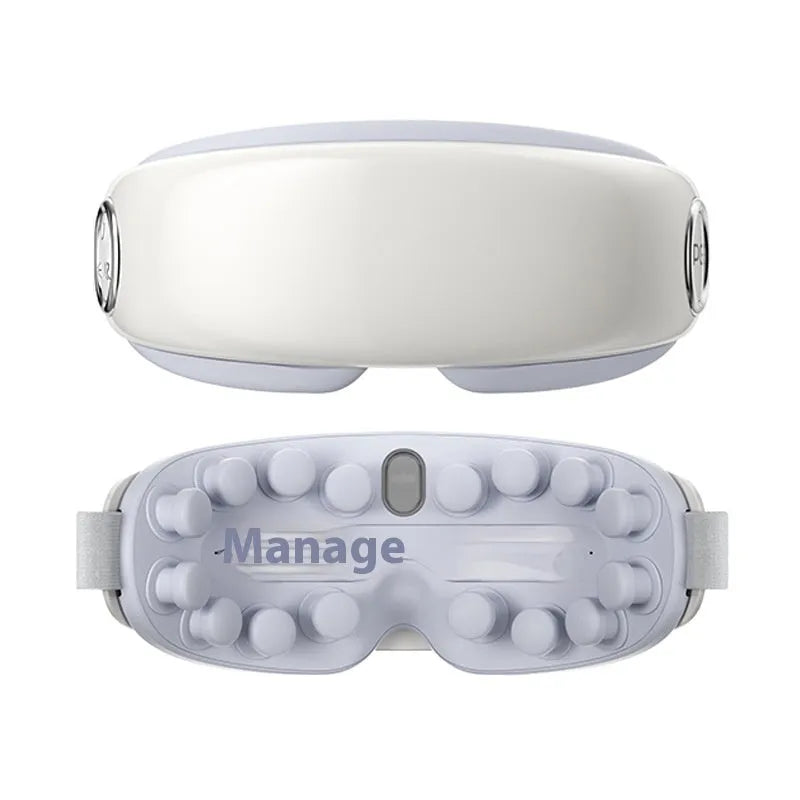 Purplish Gray Bluetooth eye hot compress massager with USB charging cable on a table.