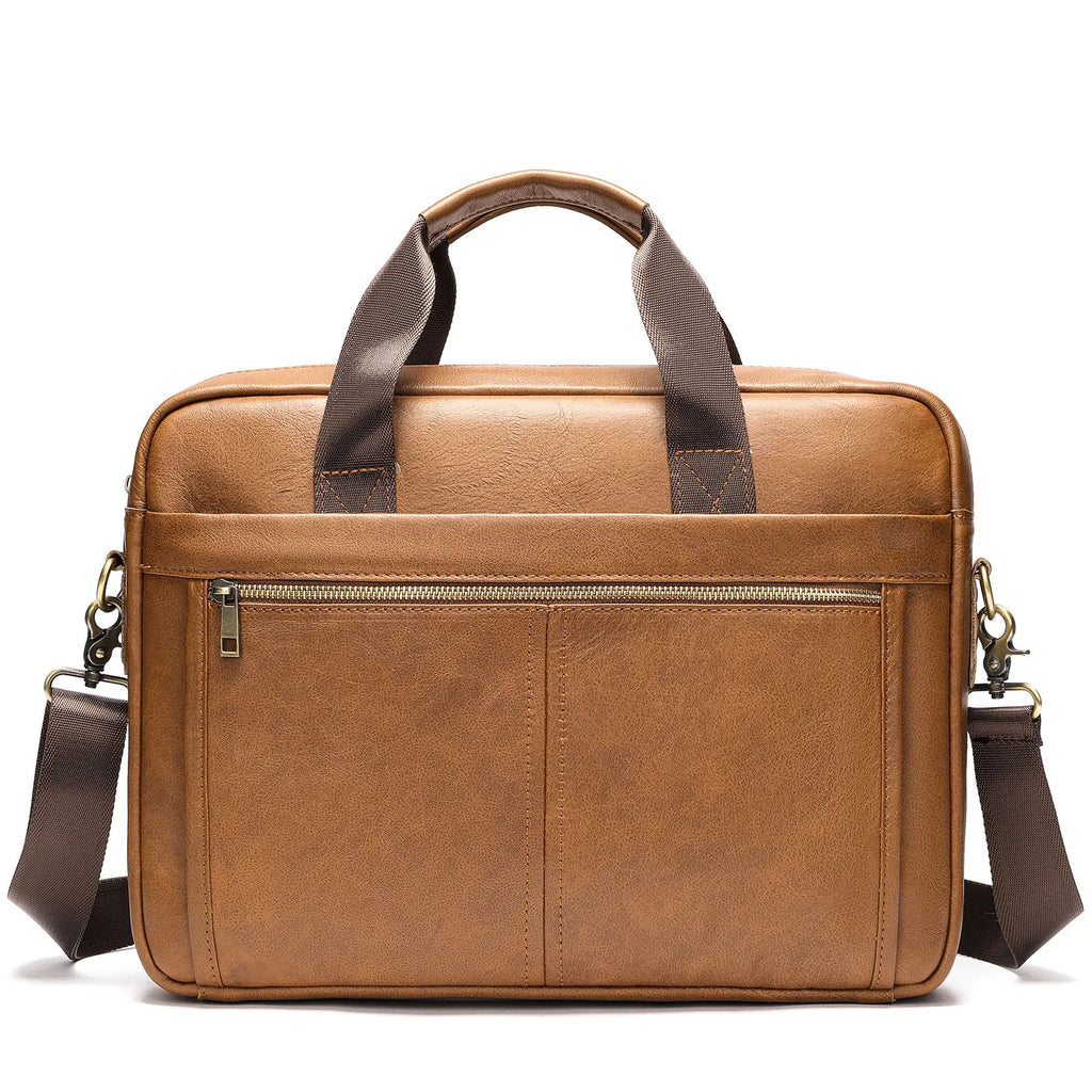Men's genuine cowhide leather handbag in solid colour, waterproof business commute bag with strap