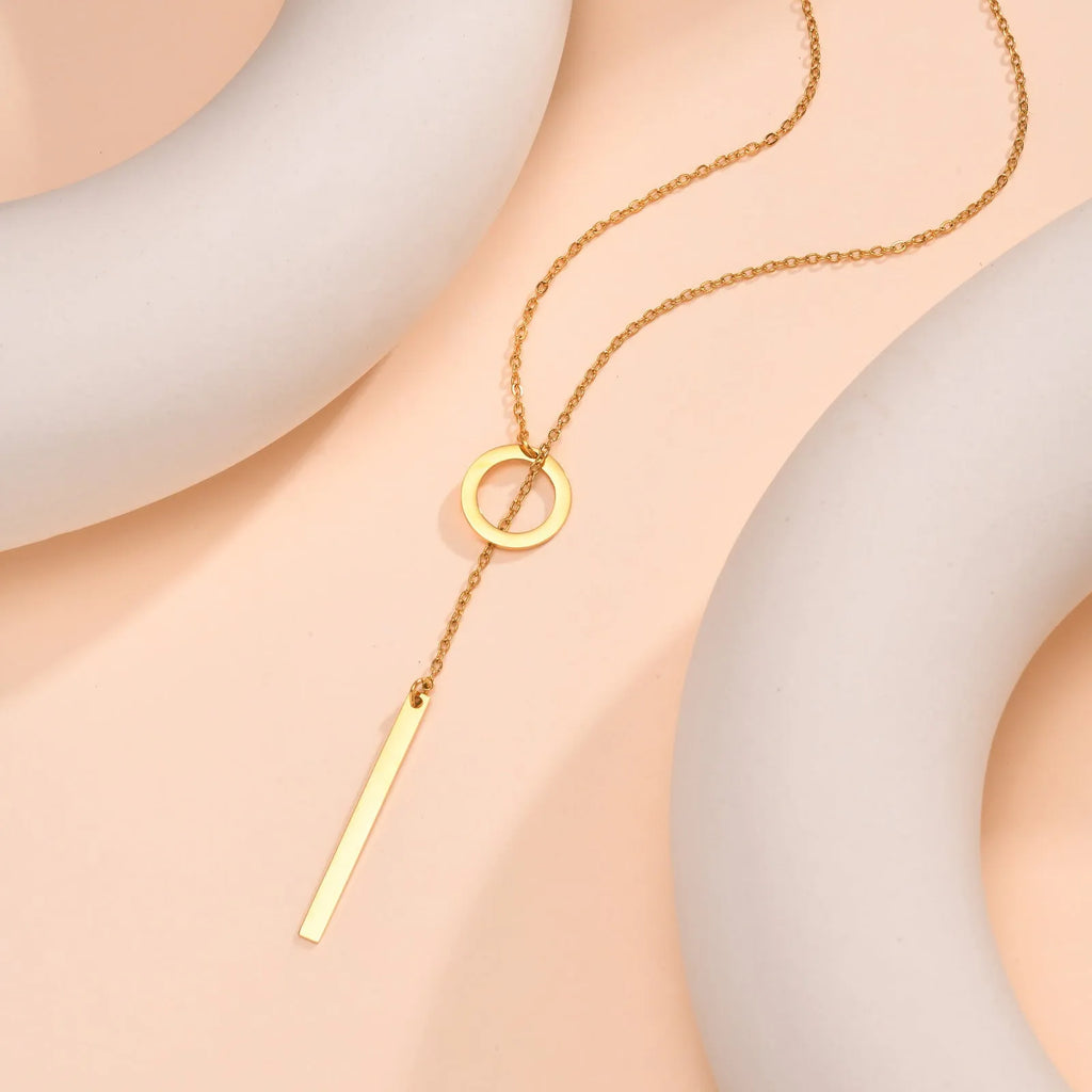 Gold stainless steel cross chain necklace with round ring pendant on O-link chain for women