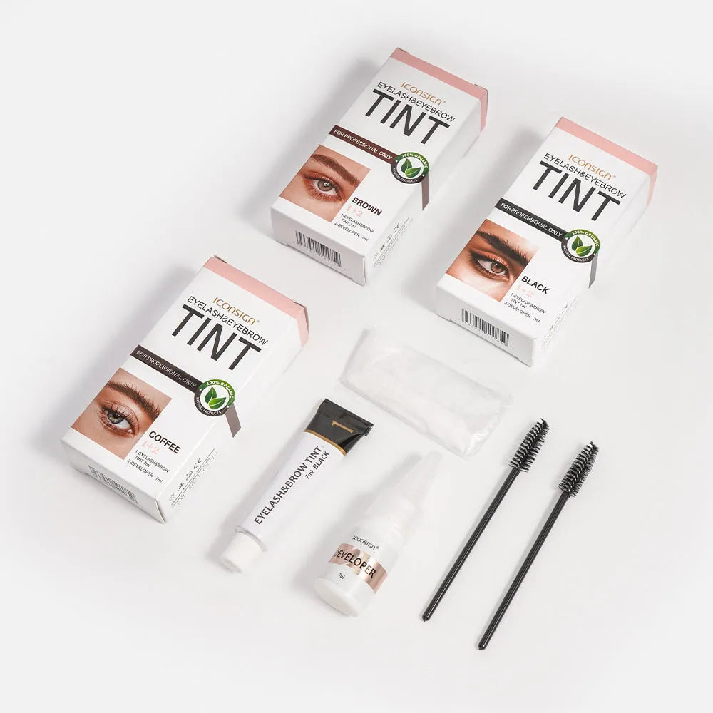 ICONSIGN eyelash and eyebrow dye tint kit with black coffee brown colour options and tools on white background