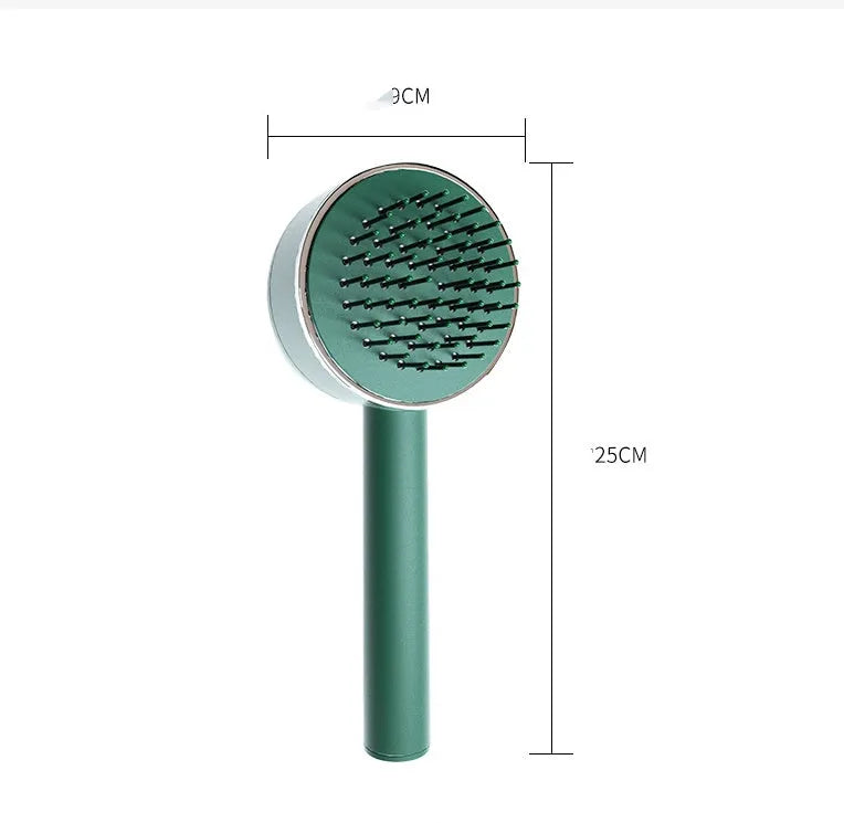 Plastic air cushion comb with long handle in white, green, and pink colours for hair detangling and styling