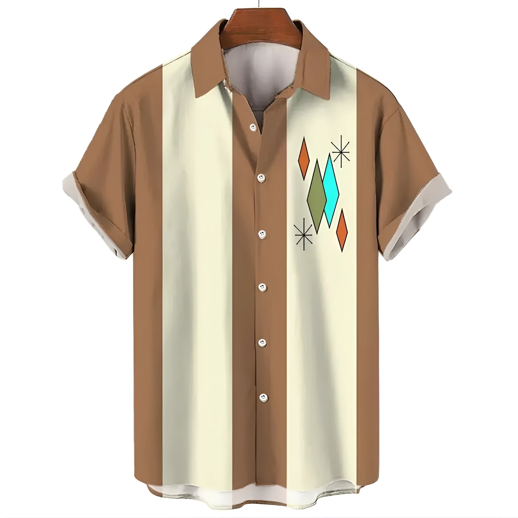 Men's tropical stripe Hawaiian shirt with short sleeves and button front in elastic polyester fabric