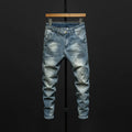 Men's slim-fit skinny jeans in dark blue and light blue denim options