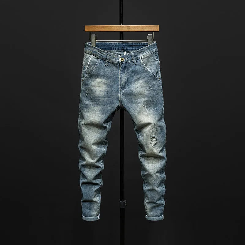 Men's slim-fit skinny jeans in dark blue and light blue denim options